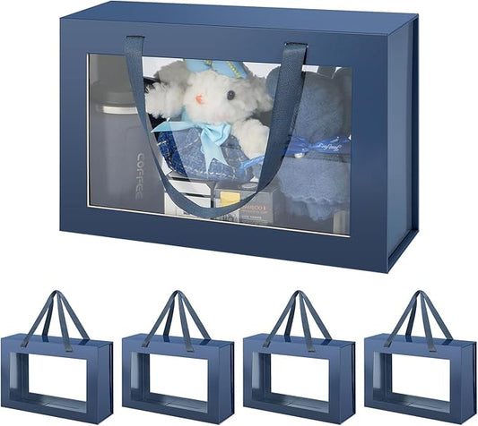 Large Navy Blue Clear Gift Boxes, 13.5x9x4.1 Inches, 5 Pack with Windows by Handles, Magnetic Closure, Suitable for Various Occasions