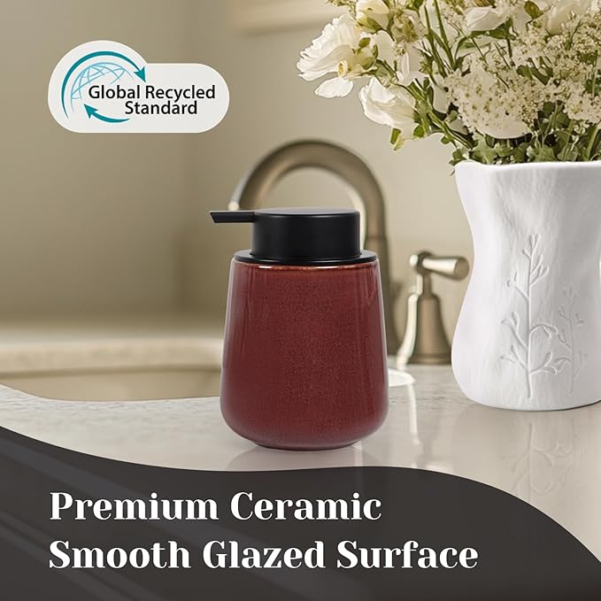 INGOFIN Ceramic Lotion Dispenser - 12 oz Refillable Hand Soap Dispenser Bathroom, Modern Liquid Soap Dispenser with Pump, Dish Dispenser for Kitchen,Kiln-Glazed Red Brown