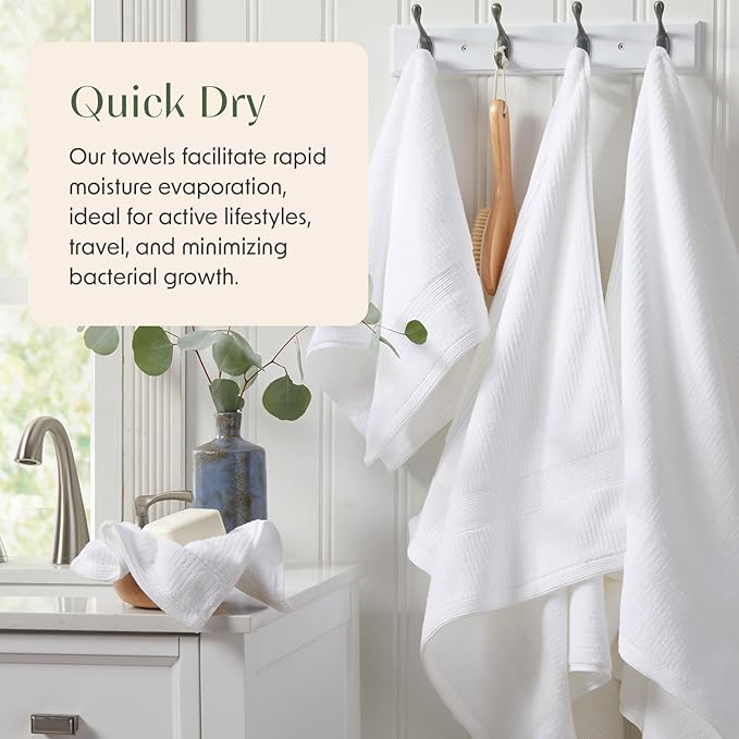 Springtree Home White Bath Towels Set of 6 | Ribbed Textured | 100% Combed Cotton | Absorbent Quick-Dry Towels for Bathroom | Oeko-TEX® Standard 100 Cotton | Mauro Collection - Bright White