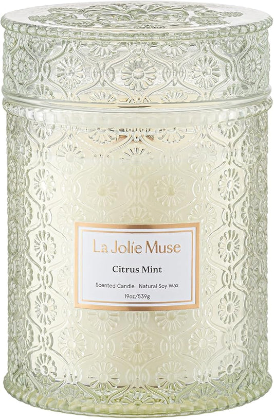LA JOLIE MUSE Citrus Mint Candle - Bergamot, Yuzu, Mint | 19 oz Large Wooden Wick Candle | Natural Soy Wax | 90 Hours Clean Burn | Fresh Citrus Candles | Modern Home Decor