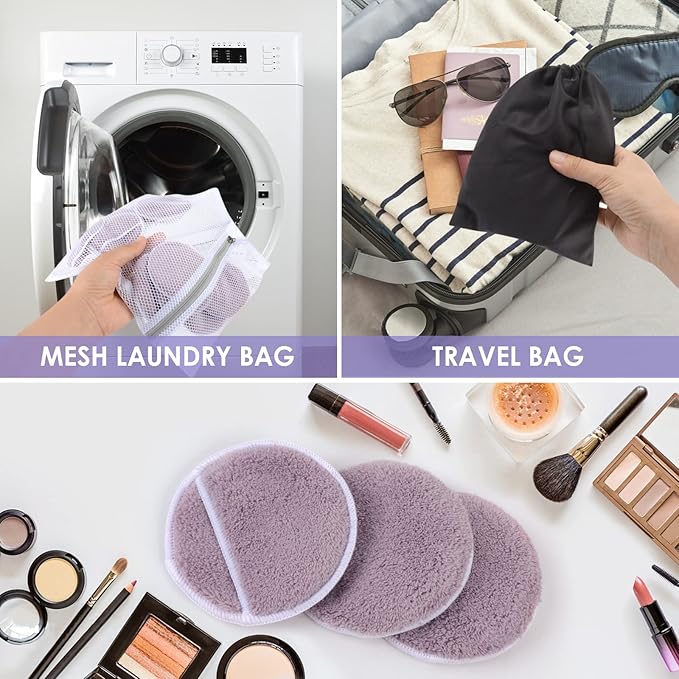 SUNLAND Reusable Makeup Remover Pads for Face,Eye,Lips 16 Pack Microfiber Face Cleansing Gloves Washable with Laundry Bag and Travel Bag Rounds Toner Pads (Round 3.15inchx16, dpurple)