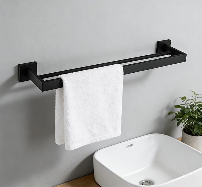 SUYA 24 Inch Double Towel Bar for Bathroom Wall, SUS304 Stainless Steel Towel Rack for Bathroom & Kitchen,Modern Bathroom Towel Hanger for Home Decor,2-Tier Wall Mounted Towel Rod in Matte Black