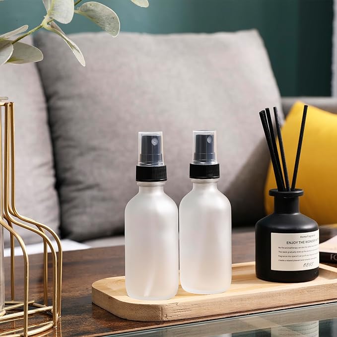 Green Glass Small Spray Bottles 2 oz 24 Packs,Fine Mist Sprayer Pretty Finish,Refillable Containers mini spray bottles for Cleaning Solutions and Skin Care (Clear Frosted 24Pack)