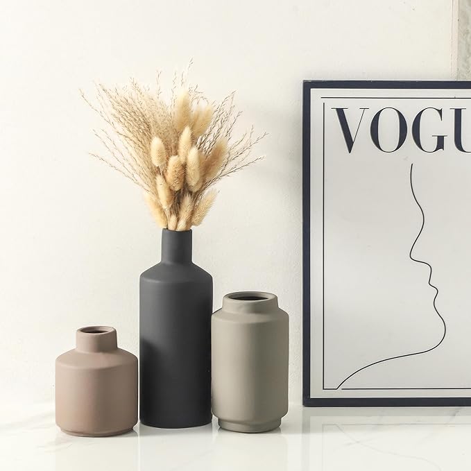 Ceramic Vase Set of 3, Modern Decorative Vases for Home Decor, Small Flower Pottery Vase Sets, Boho Farmhouse Rustic Vases for Living Room, Kitchen, Bedroom, Bathroom, Shelf, Table
