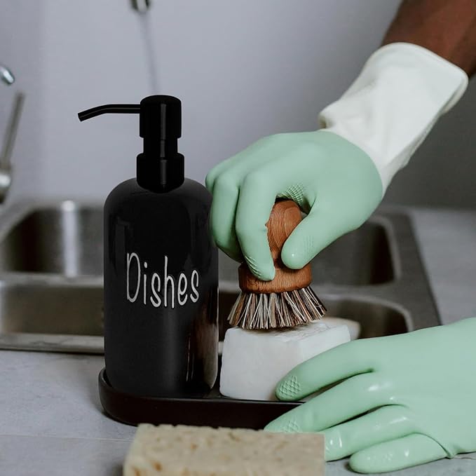 18oz Ceramic Soap Dispenser Set (2 Pack) with Stainless Steel Pump & Bamboo Tray, Bathroom & Kitchen (Black & White)