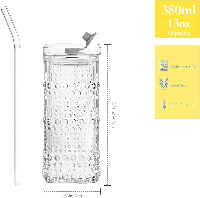 Glass Cups with Lid and Straw 4 Sets, 13OZ Square Embossed Beaded Glass Tumbler with Lid and Straw for Whiskey Cocktail Beer, Iced Coffee, Hot/Cold Drinks