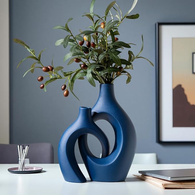 Snuggle Hollow Ceramic Vase Set of 2, 11 inch Hug Donut Modern Nordic Boho Style Vases for Home Decor Anthropologie Aesthetic Living Room Shelf Entryway Table Decorative (Navy Blue)