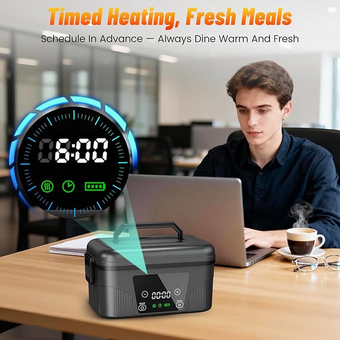 Cordless Electric Lunch Box for Adults, 18000mAh Rechargeable Heated Lunch Box Battery Powered with Scheduled Heating, 1.5L Portable Food Warmer, Bonus Ice Pack & Insulated Bag for Work, Office, Car