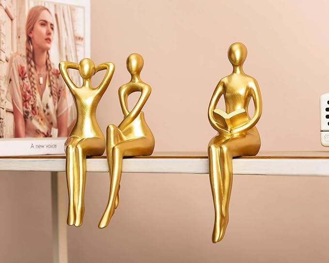 Quoowiit Gold Decor Thinker Statue Decor Book Shelf Decor, Abstract Statue Ornament Office Decor Modern Home Decor Decorations for Living Room Collectable Figurines Coffee Table Decor 3 Piece