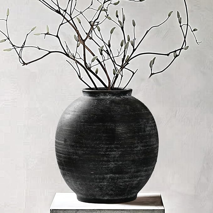 Large Black Ceramic Vase, 10.8 inch Round Minimalist Textured Floor Vase, Rustic Farmhouse Decor for Home, Living Room, Shelf, Table, Bathroom & Entryway Decoration (Black Bronze)