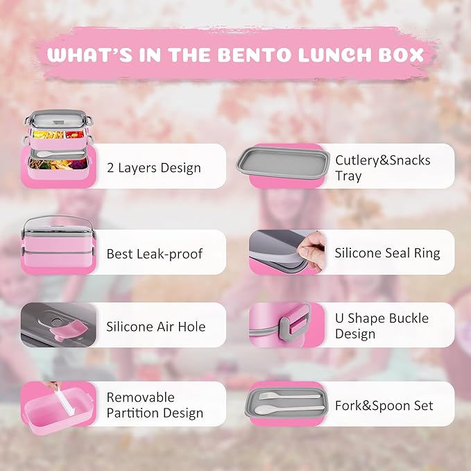 Bento Lunch Box for Kids Women Men, 47oz 2-Compartment Snack Salad Metal Food Prep Pack Container for Lunch, Stainless Steel 2 Layers Stackable Lunch Containers with Lids for Adults and Teens Pink
