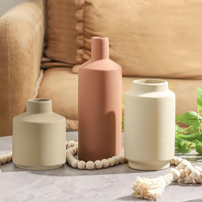 Ceramic Vase Set of 3, Modern Decorative Vases for Home Decor, Small Flower Pottery Vase Sets, Boho Farmhouse Rustic Vases for Living Room, Kitchen, Bedroom, Bathroom, Shelf, Table