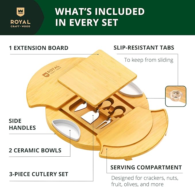 ROYAL CRAFT WOOD Large Round Cheese Board and Knife Set - Charcuterie Board, Bamboo Cheese Board Set, Cheese Tray Set, Wooden Cheese Plate Set 13.7 Inch