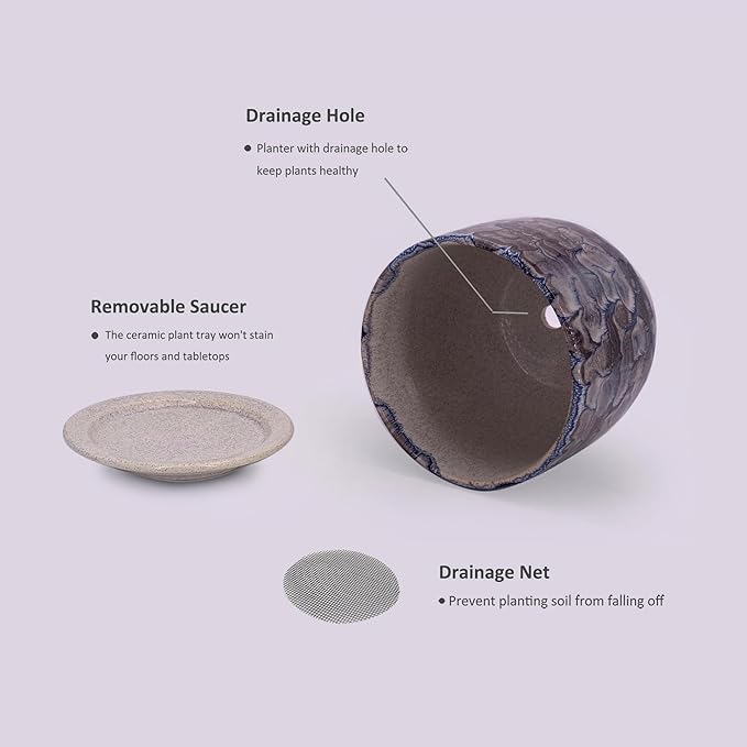 6 in Ceramic Plant Pot with Saucer，Indoor Plant Pot for Plants, Flower Pot with Drainage，Reactive Glaze Grey