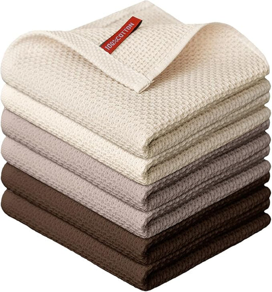 Artoid Mode 100% Cotton Beige Dark Coffee Brown Waffle Weave Kitchen Dish Cloths, 12x12 Inch Ultra Soft Absorbent Quick Drying Set of 6, Multicolor