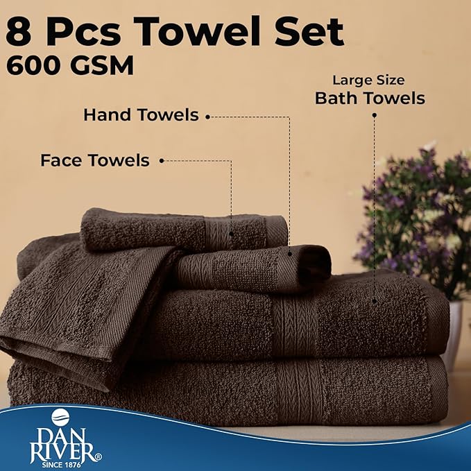 DAN RIVER 8 PC Luxury Bath Towels for Bathroom, 2 Bath, 2 Hand, and 4 Wash Cloths, 600 GSM 100% Ring Spun Cotton Towel Set, Highly Absorbent, Gym, Hotel, and Spa, Brown