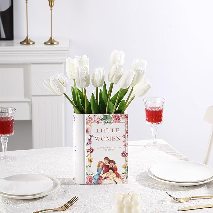 Book Vase, Ceramic Book Vase for Flowers, Book Flower Vase White, Book Shaped Vases, Decorative Ceramic Vases for Home, Office, Bedroom, Living Room, Dining Table(Women)