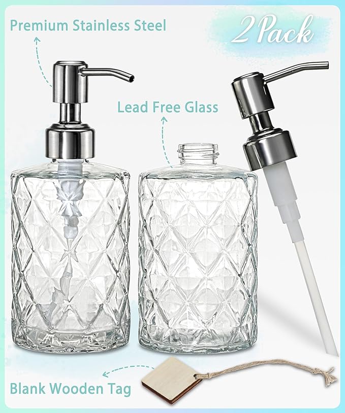 JASAI 2Pack Diamond Embossed Glass Soap Dispenser with 304 Rustproof Stainless Steel Pump, 12 OZ Bathroom soap Dispenser with A Wooden Tag, Elegant Hand Soap Dispenser for Bathroom & Kitchen