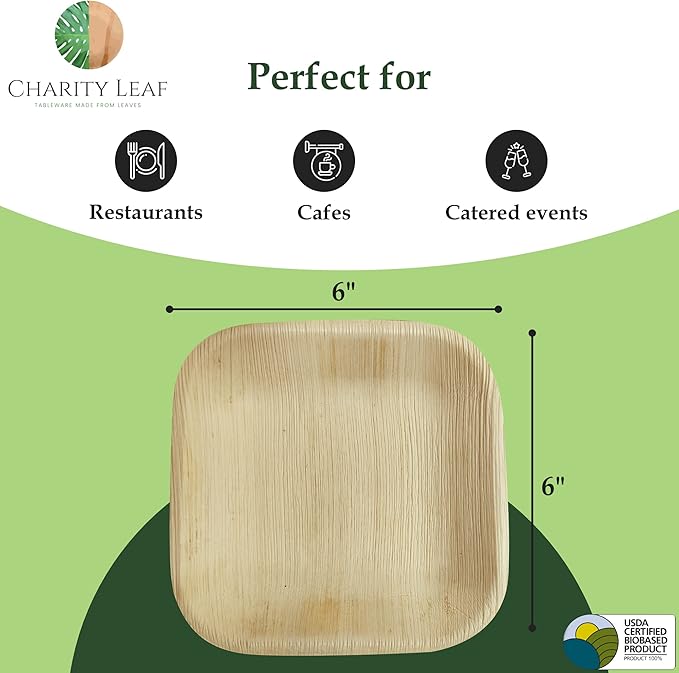 Charity Leaf Disposable Palm Leaf 6" Square Plates (200 pieces) Bamboo Like Serving Platters, Disposable Boards, Eco-Friendly Dinnerware For Weddings, Catering, Events