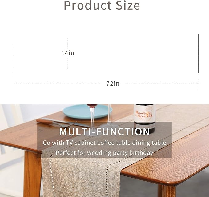 Tosewever Decorative Linen Table Runner Farmhouse Style Tabletop Collection 14 x 72 Inches Table Runners for Everyday Dining Wedding Party Holiday Home Decor (14" x 72", Light Coffee/Straight)