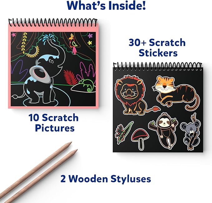 Skillmatics Scratch Art Book for Kids - Animals, Craft Kits & Supplies, 30+ Scratch Stickers, Stocking Stuffers, Travel Toys, DIY Kit, Christmas Gifts for Boys & Girls Ages 3, 4, 5, 6, 7, 8