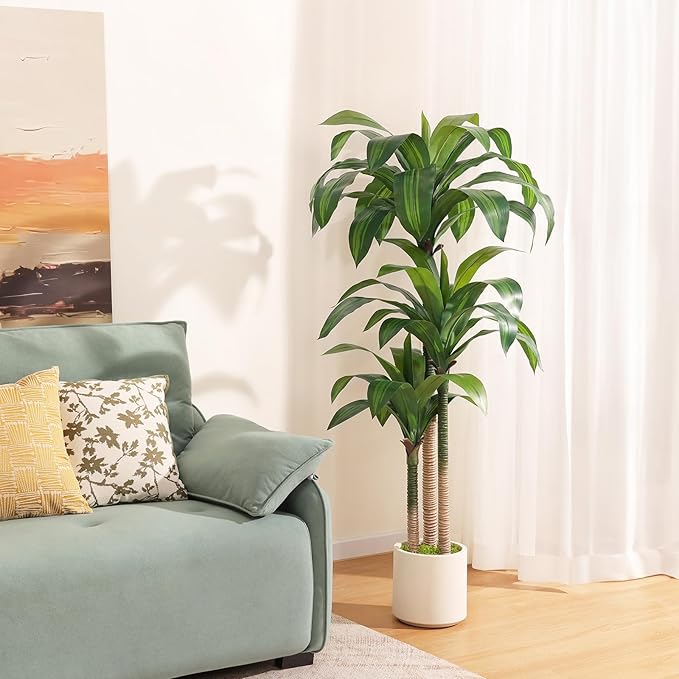 Artificial Dracaena Tree 5ft, Tall Fake Dracaena Plants with White Planter, Faux Dragon Tree Indoor Floor Plant for Home Decor Office Living Room Porch Housewarming, 1Pcs