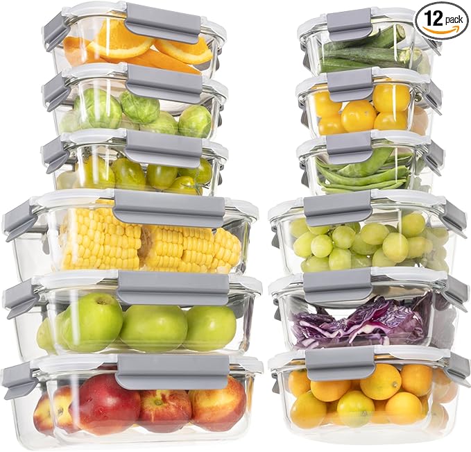 24 Pieces Glass Food Storage Containers with Lids,Glass Meal Prep Containers Set with Locking Lid,Airtight Glass Lunch Container for Kitchen,BPA Free(12 Lids & 12 Containers)