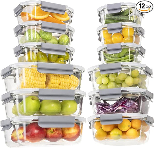 24 Pieces Glass Food Storage Containers with Lids,Glass Meal Prep Containers Set with Locking Lid,Airtight Glass Lunch Container for Kitchen,BPA Free(12 Lids & 12 Containers)