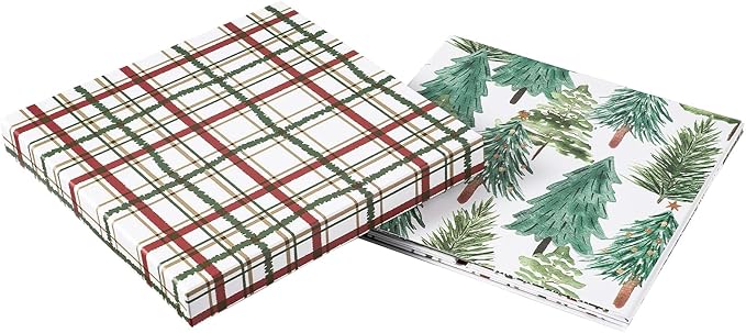 RUSPEPA Christmas Gift Box with Lid, Watercolor Christmas Tree Design and Plaid Lid, Medium Collapsible Holiday Box with Ribbon and Tissue Paper for Gift Wrapping, Candy Storage, 9x9x9 Inches, 1 Pcs
