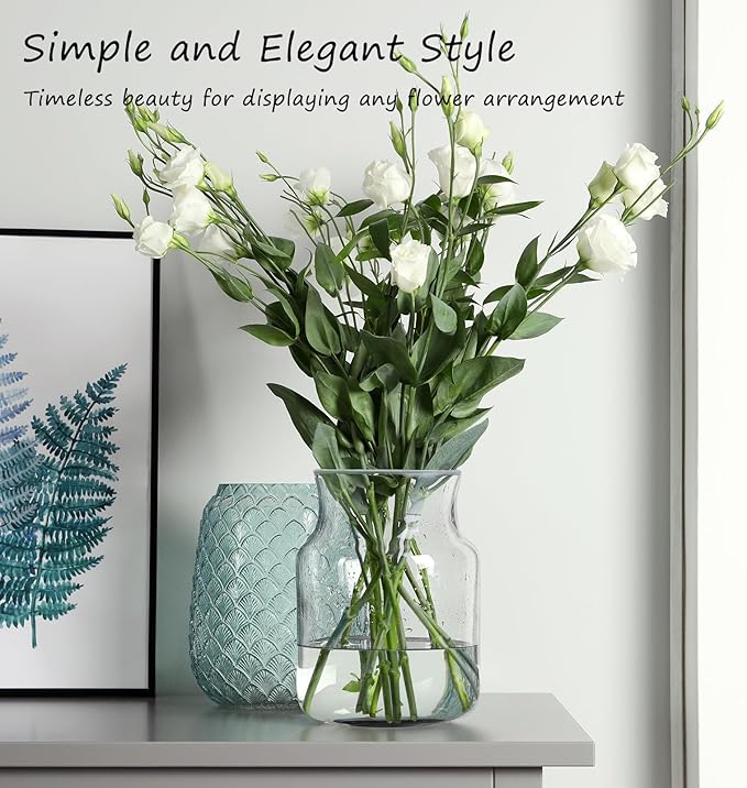 Clear Glass Vase, Large Flower Vase, 8-inch Glass Flower Vase for Plants, Wide Mouth Vase for Home, Wedding, Living Room, Dining Table