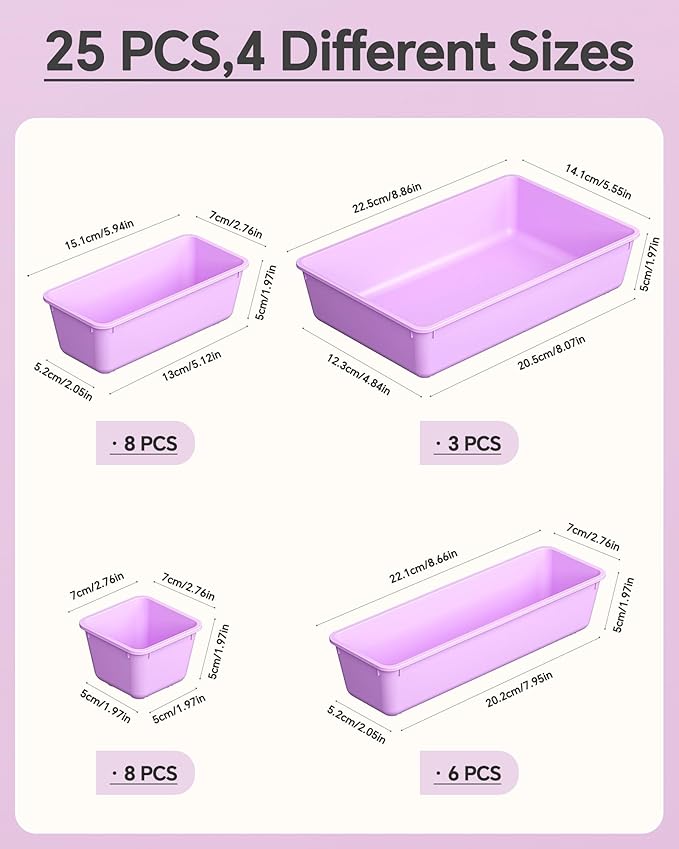 25 PCS Plastic Drawer Organizers Set, 4 Sizes Vanity Organizer, Makeup and Desk Drawer Organizer Trays, Organization and Storage for Makeup, Bathroom, Kitchen Utensils and Office (Purple)