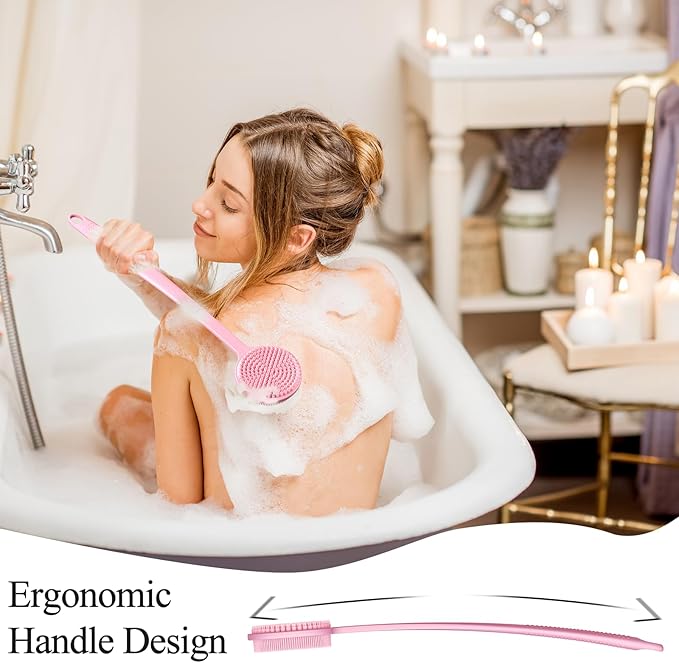 Silicone Back Scrubber for Shower, 17in Lengthen Long Handle Body Brush, Double Sided Shower Brush for Shower Exfoliating and Massage Can Produce Rich Foam, Long Handle Back Scrubber for Men