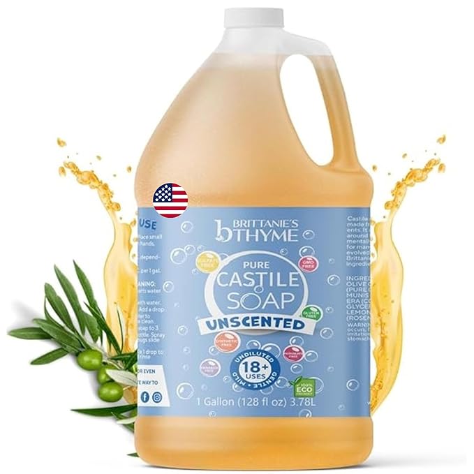 Brittanie's Pure Organic Castile Liquid Olive Oil Soap Refill, 1 Gallon Unscented | Face, Body Wash, All Purpose Cleaner, Dishes, Pets, Laundry | Vegan, Biodegradable, Made in USA