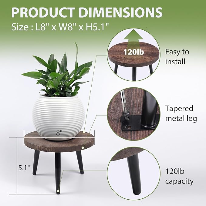2 Pcs 8 inch Plant Stands, Small Floor Indoor Plant Stand, Mid Century Wood Planter Stand with Metal Leg, Round Modern Plant Stool for Indoor Outdoor Flower Pots (Brown)