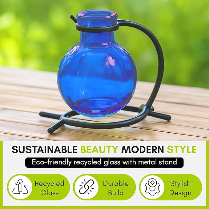 Couronne Company M501-200-15 Casablanca Recycled Glass Vase & Metal Stand, 4", Cobalt Blue, 1 Piece