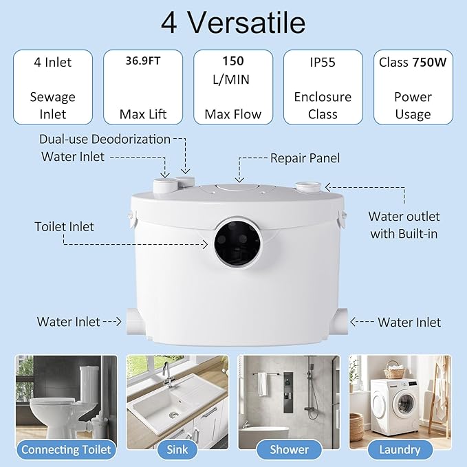Simple Project 750W PRO Macerating Toilet System - High Powerful, Upflush Toilet for Basement with 4 Water Inlet & Attics, Dual Flush Toilets with Macerator Pump, Quiet Operation, Space Saving
