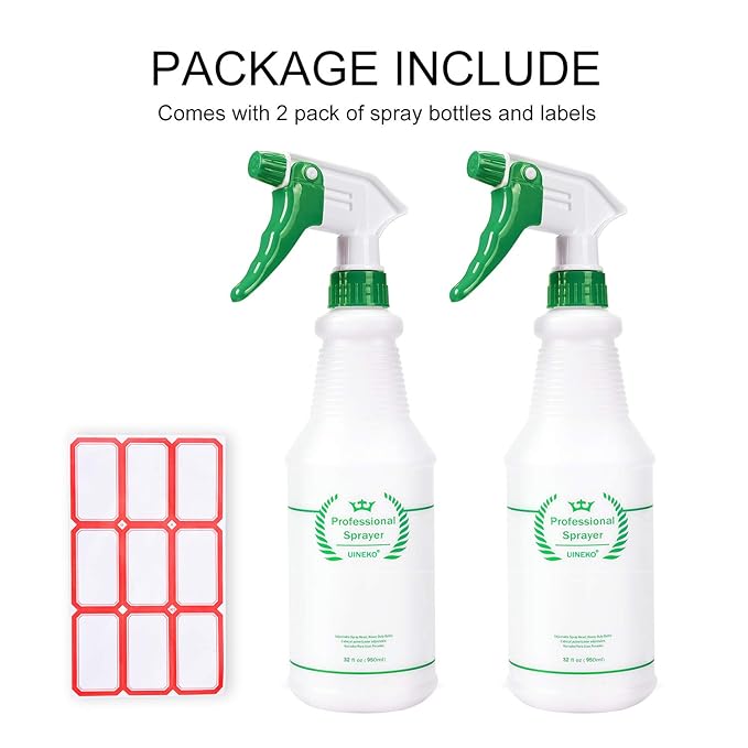 Plastic Spray Bottle 2 Pack, 32 Oz, All-Purpose Heavy Duty Spraying Bottles Leak Proof Mist Empty Water Sprayer for Cleaning Solution, Essential Oils, Hair, Planting with Adjustable Nozzle - Green