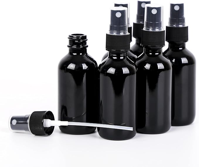 2oz UV Resistant Glass Spray Bottle, Fine Mist Boston Glass Bottles with Black Fine Mist Sprayer Small Clear Bottles for Essential Oils, Bath, Beauty, Hair & Cleaning, Black, Pack of 48