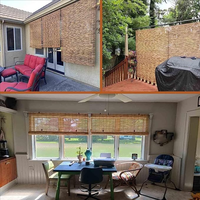 Bamboo Privacy Blinds, Cordless Outdoor Bamboo Roll up Shades for Patio Porch, 30" 34" 40" 45" 50" 55" 65" 70" Cordless Roll up Shade Roman Shades for Home Decor Balcony