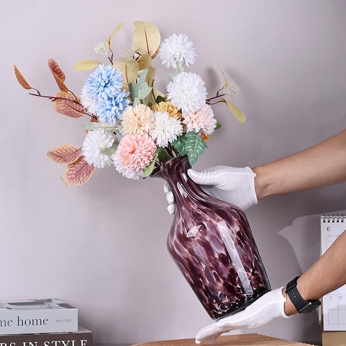 12.2" Tall Hand Blown Glass Vase – Pretty Red Purple Decorative Flower Vase, Modern Vintage Fusion Home Decor, Colorful Murano Glass Vases for Table Centerpieces, Living Room, Bathroom, Entry Table