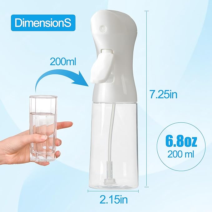 Spray Bottle for Hair - Fine Mist Water Mister Continuous Spray Bottle for Hairstyling, Cleaning & Plants Salon, Home, Pets & More – White 200ml