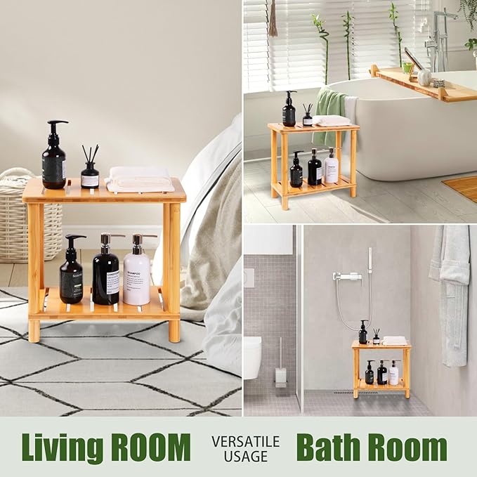 Bamboo Shower Bench Stool, Shower Stool for Inside Shower with Storage Shelf, Waterproof Shower Chair Spa Bath Seat, Bathroom Bench Seat for Adults for Indoor or Outdoor Use.