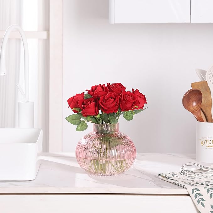 Pink Glass Vase for Flowers, Ribbed Glass Vase, Round Flower Vases for Tulips, Short Vases for Living Room, Office, Coffee Table, Shelf, Wedding, 6 Inches