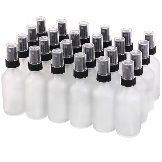Green Glass Small Spray Bottles 2 oz 24 Packs,Fine Mist Sprayer Pretty Finish,Refillable Containers mini spray bottles for Cleaning Solutions and Skin Care (Clear Frosted 24Pack)