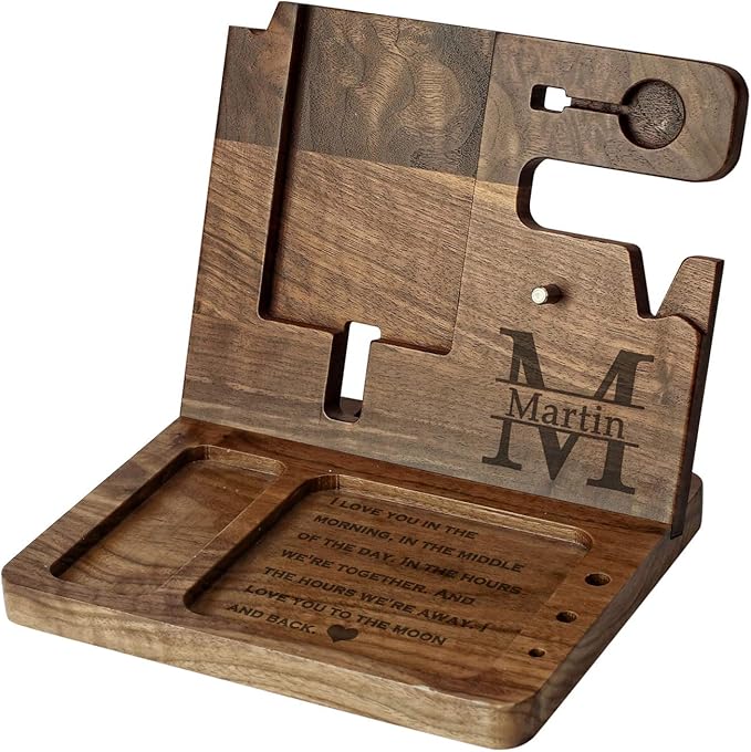 Custom Gift for Son - Wooden Docking Station, Personalized Engraved Desk Organizer, Nightstand Docking Station, Charge Station, Phone Holder, Watch, Glasses, Key, Birthday Graduation Gift (Walnut)