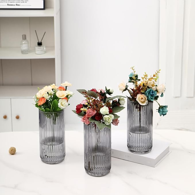 Black Glass Vases, Flower Vases Set of 3, Ribbed Glass Vase for Tulips, Tall Cylinder Glass Vases for Living Room, Bedroom, Dining Table, Office, Wedding, Bookshelf Decoration, 8 Inches