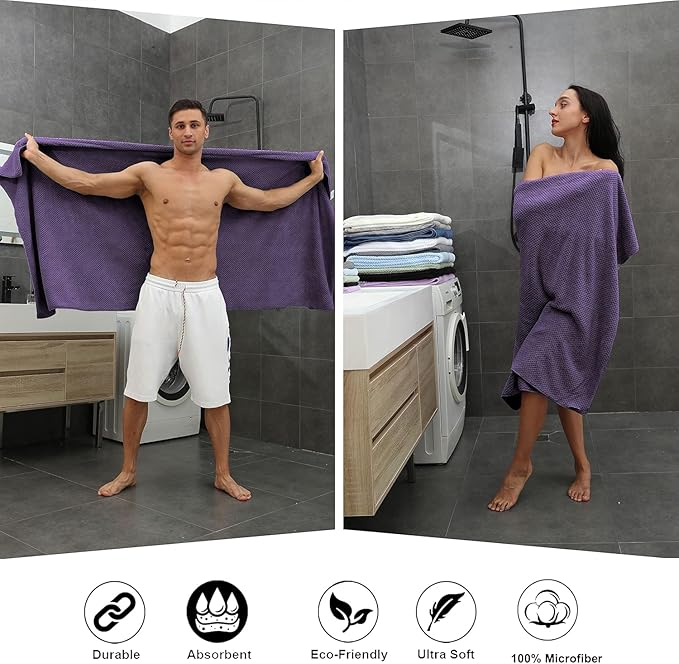 8-Piece Bath Towel Set, 2 Extra Large Bath Towel Sheets, 2 Hand Towels and 4 Washcloths - Highly Absorbent Quick Dry Microfiber,Ultra Soft Towel Set for Bathroom, Waffle Weave Design (Dark Purple)