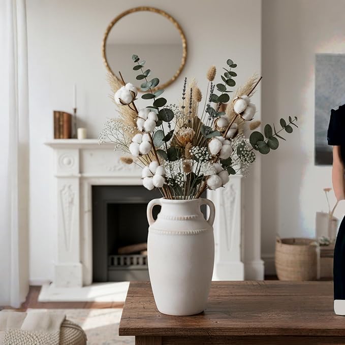 Beige Ceramic Vase with Handles, 10.5 Inch Boho Modern Aesthetic Textured Table Vases for Anthropologie Home Decor Centerpieces (Cream Beige White)