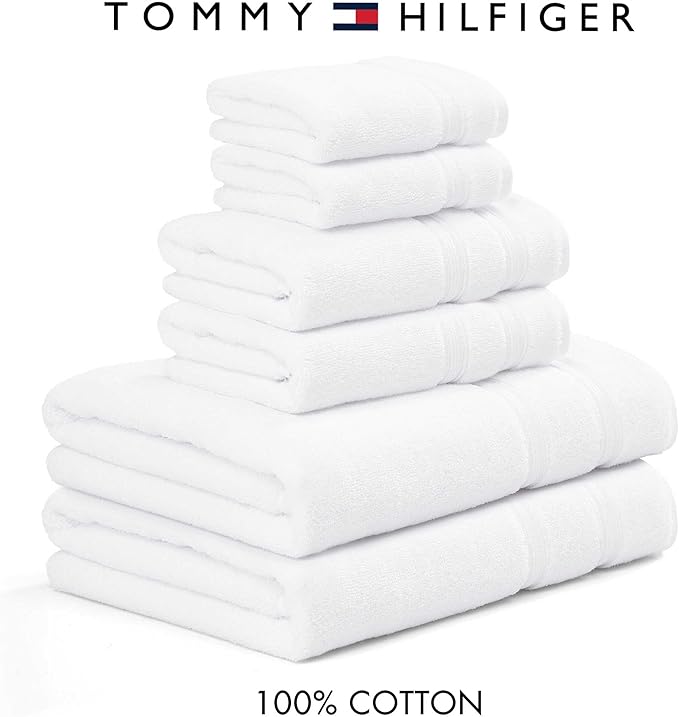 Tommy Hilfiger - Bath Towels, Ultra-Soft & Quick Drying with Zero Twist, 600 GSM Bathroom Towels with Iconic Flag Accent (Harborside Solid White, 6 Piece)