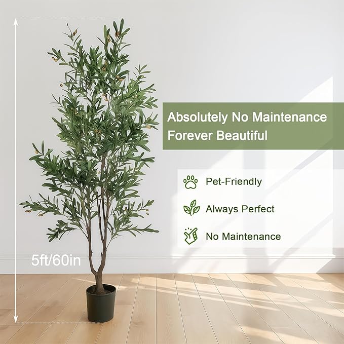 5ft Real-Touch Olive Tree 2-Pack with 1390 Leaves & 86 Olives, Artificial Olive Plant in Pot, Faux Olive Tree for Indoor Decor, Office, Mediterranean Home Decoration